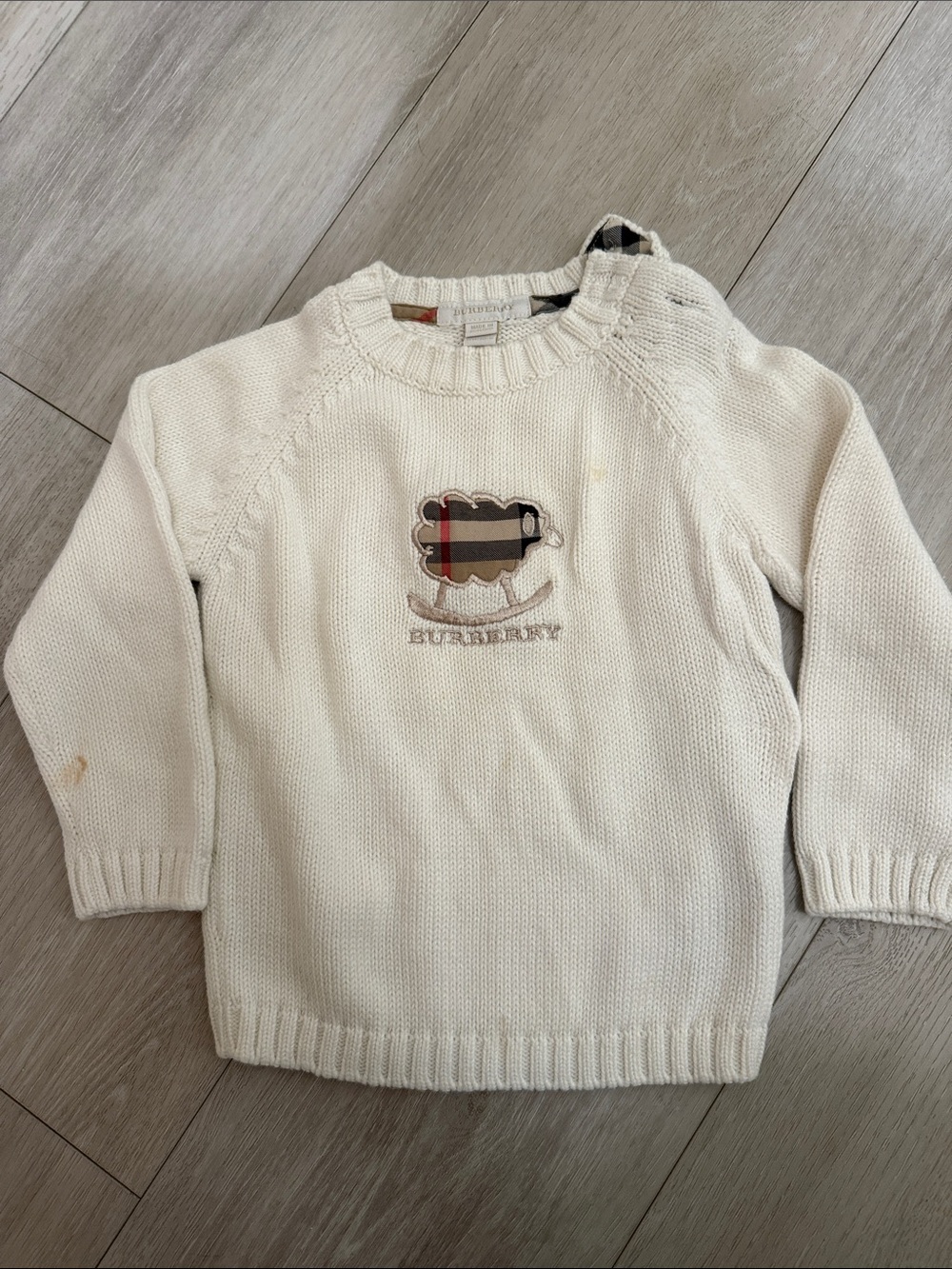 Burberry Cream Knit Sweater with Plaid Crest